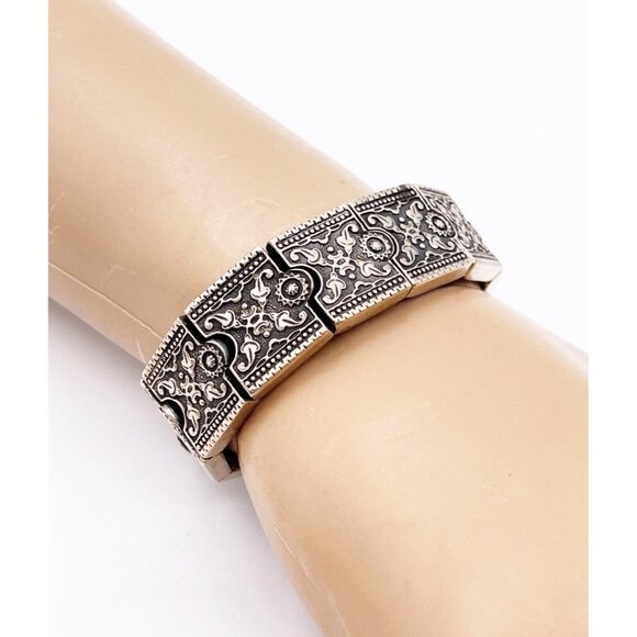 Vintage Sterling Silver 925 Panel Wide Bracelet Floral Scroll Design Heavy 65g - Picture 3 of 8